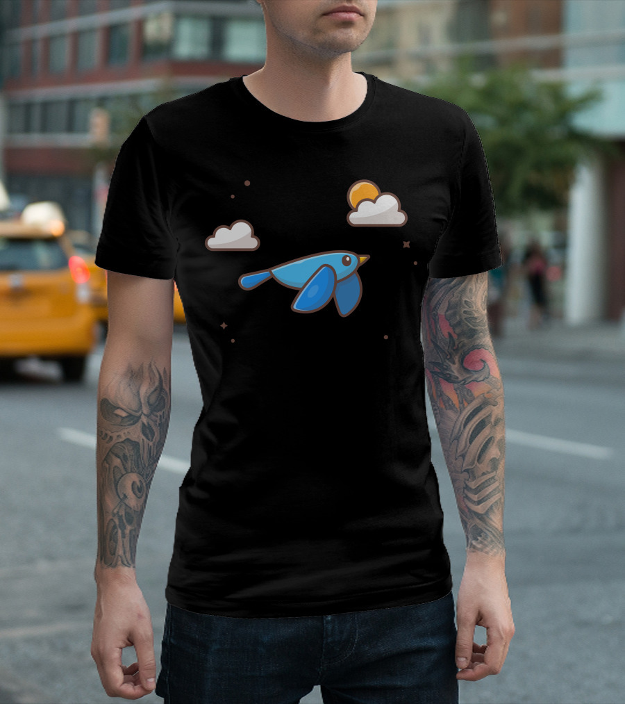 Cute Blue Bird Soaring Amidst Fluffy Clouds and Bright Sun T-Shirt