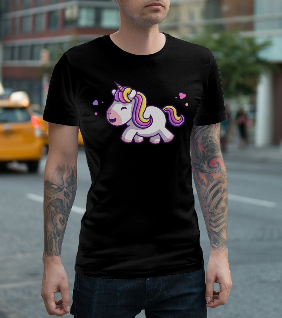 Cute Unicorn Walking with Colorful Mane and Hearts T-Shirt