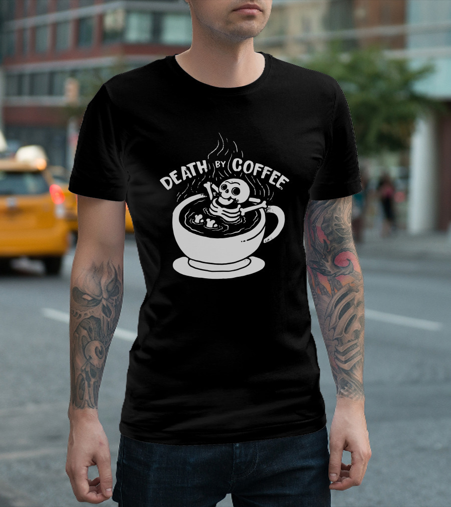 Skeleton Relaxing in Coffee Cup Under Death By Coffee T-Shirt