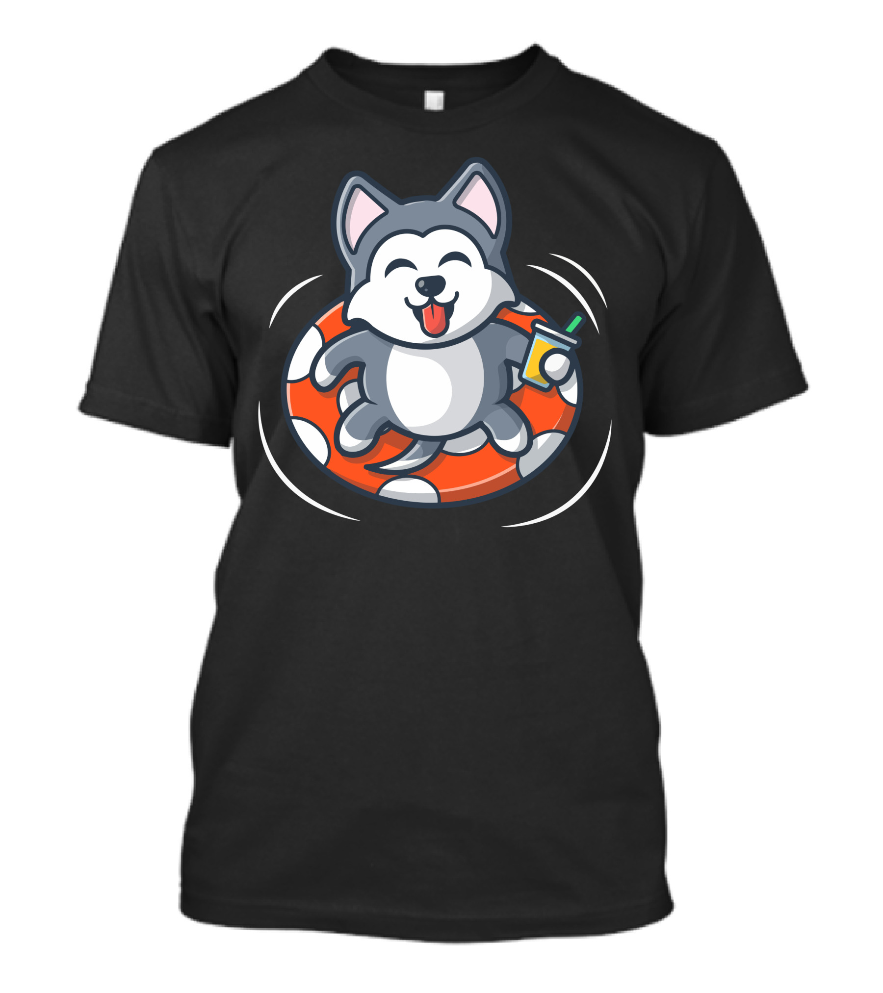 Dog Relaxing On Inflatable Ring With Drink At The Beach T-Shirt