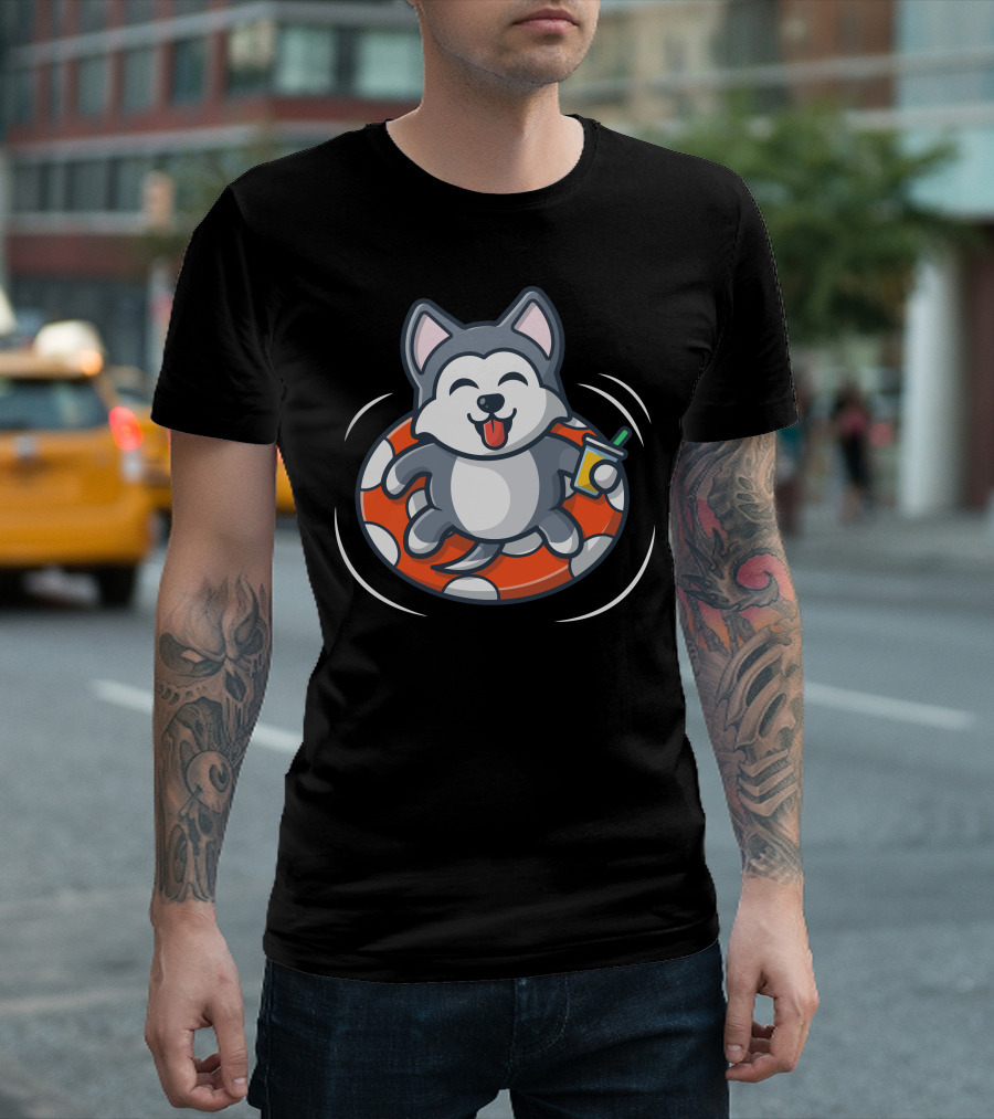 Dog Relaxing On Inflatable Ring With Drink At The Beach T-Shirt