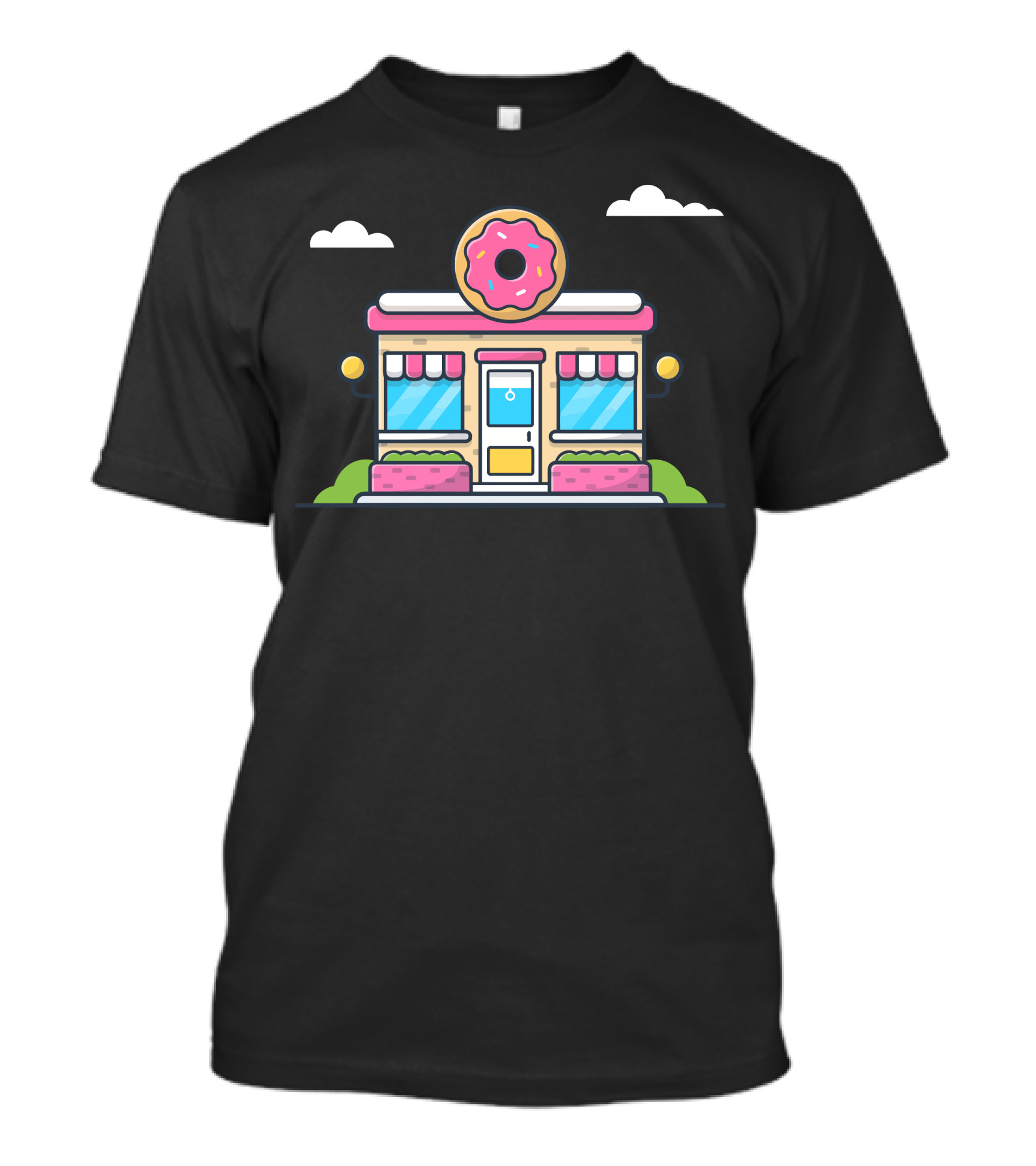 Donut Shop Cute Cartoon Bakery With Pink Icing Donut And Striped Awnings T-Shirt
