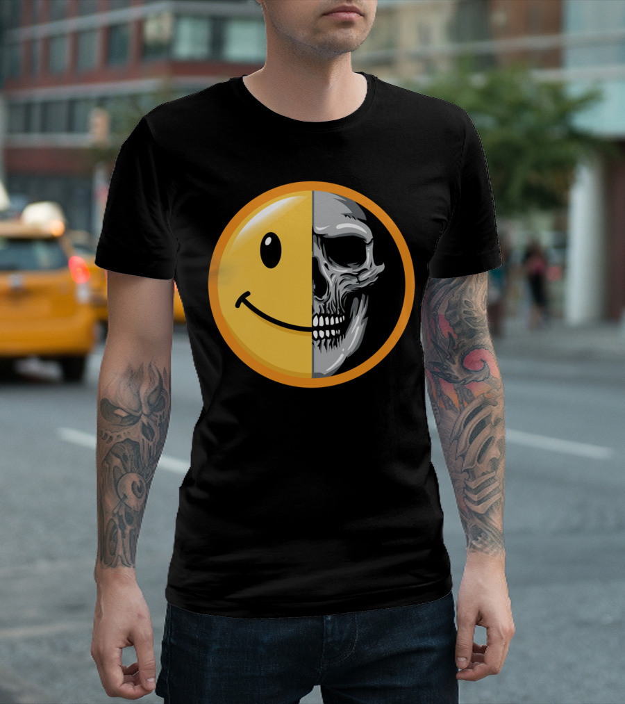 Emoticon Smile Half Skull Face T-Shirt