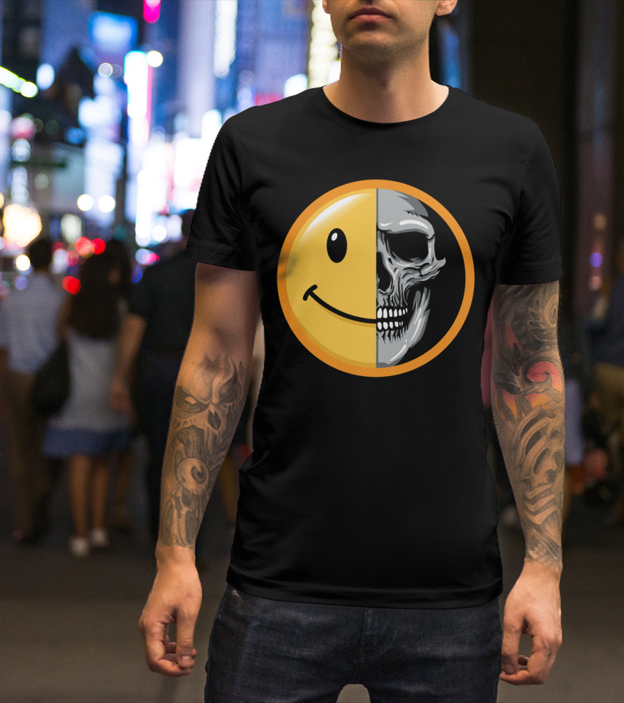 Emoticon Smile Half Skull Face T-Shirt