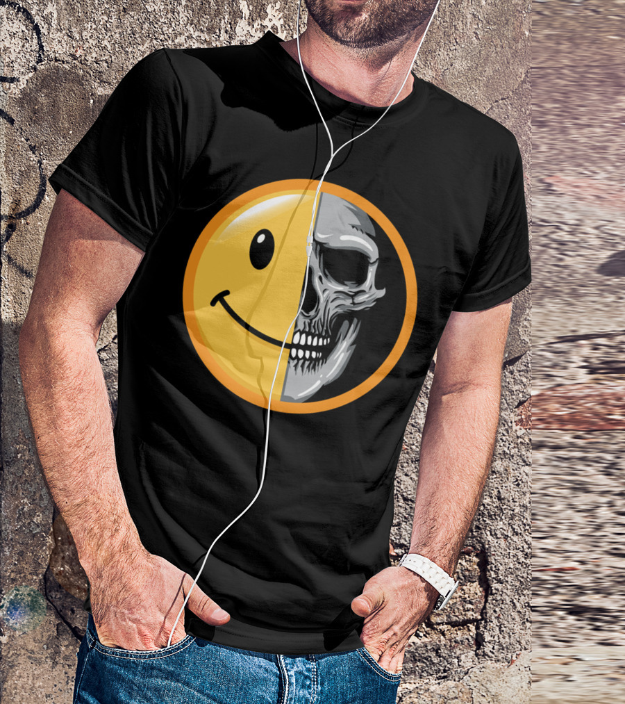 Emoticon Smile Half Skull Face T-Shirt
