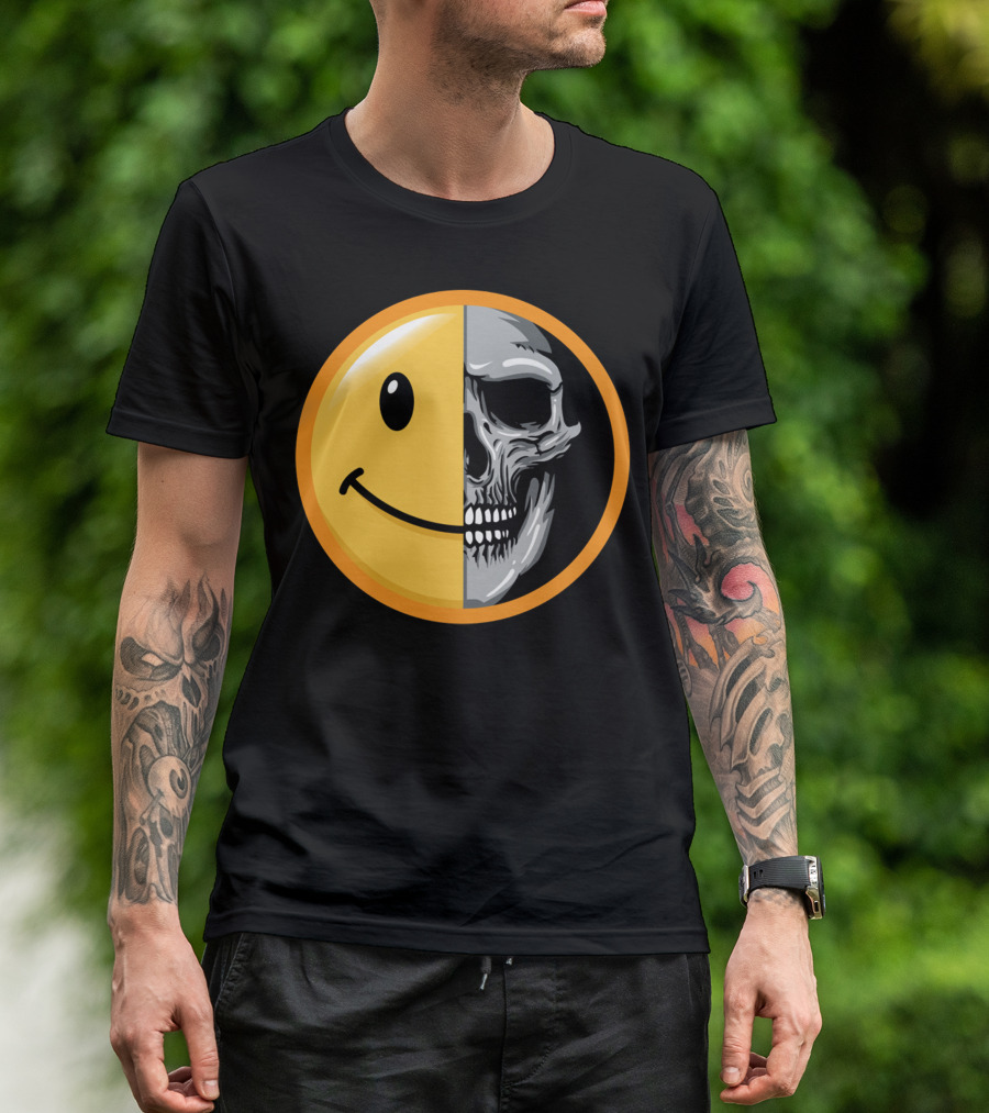 Emoticon Smile Half Skull Face T-Shirt