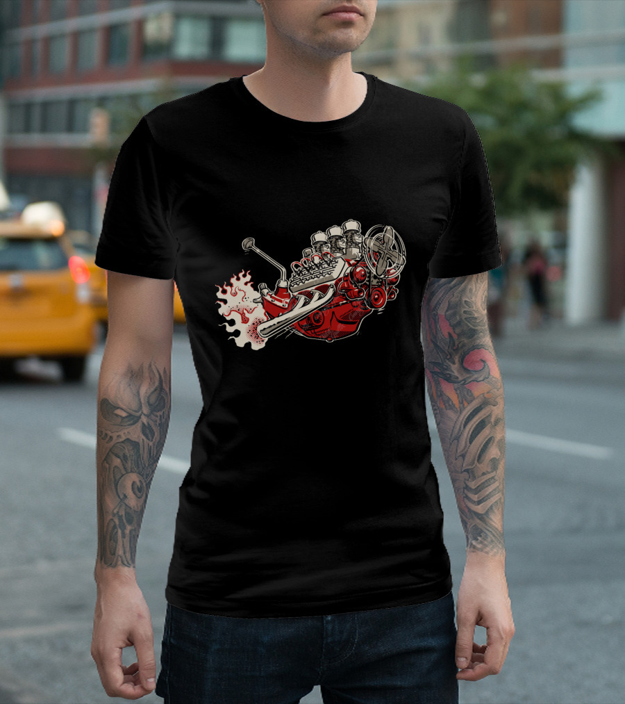 Flying Flattie Flathead Cartoon Hot Rod Engine with Flames T-Shirt