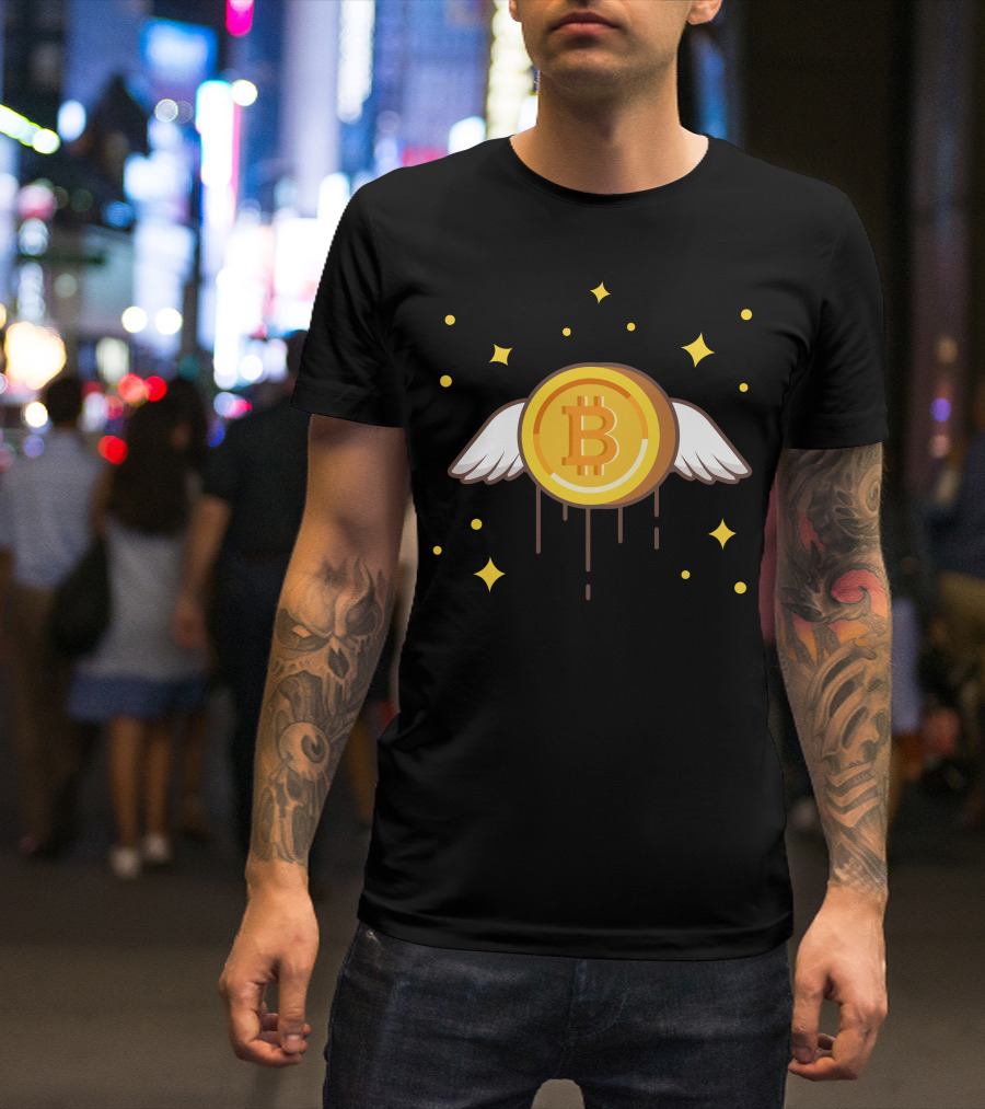 Flying Gold Bitcoin With Wings And Stars T-Shirt