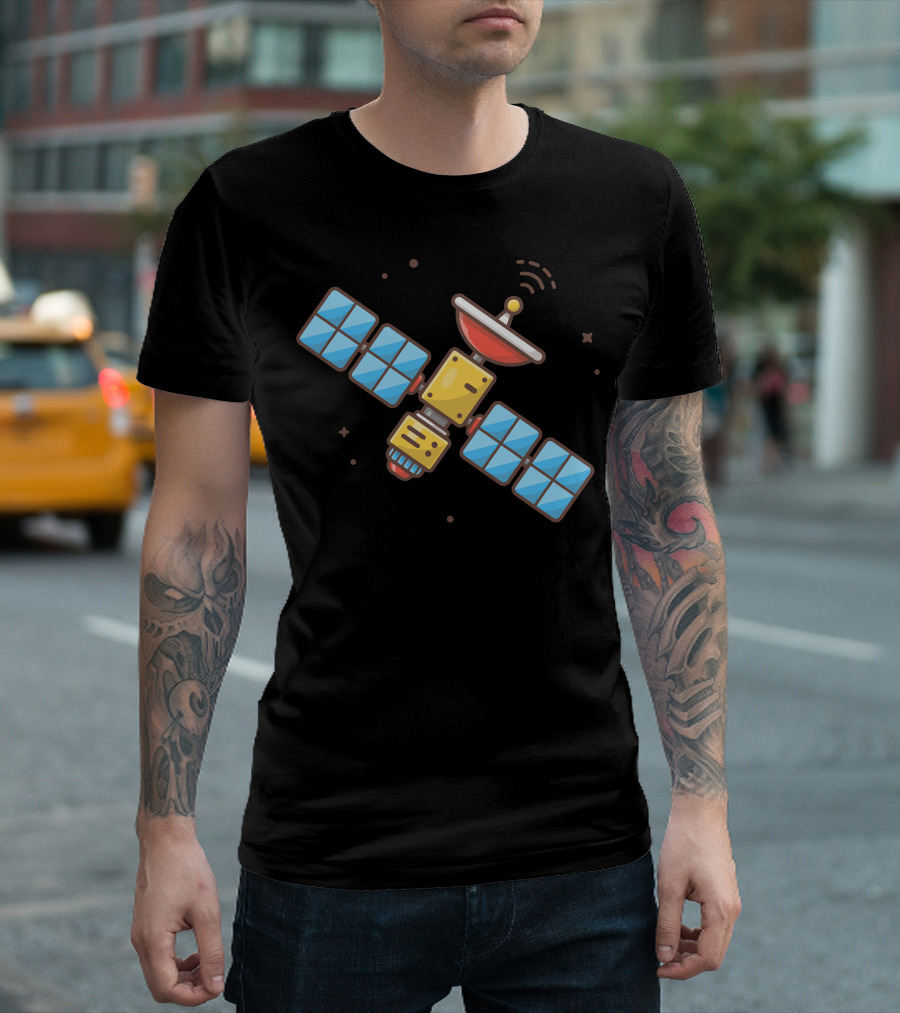 Flying Space Satellite With Antenna And Solar Panels T-Shirt