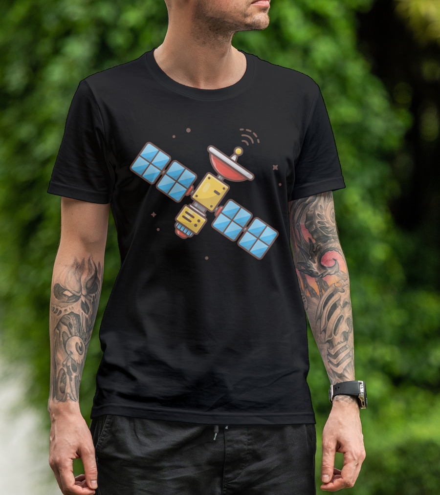 Flying Space Satellite With Antenna And Solar Panels T-Shirt