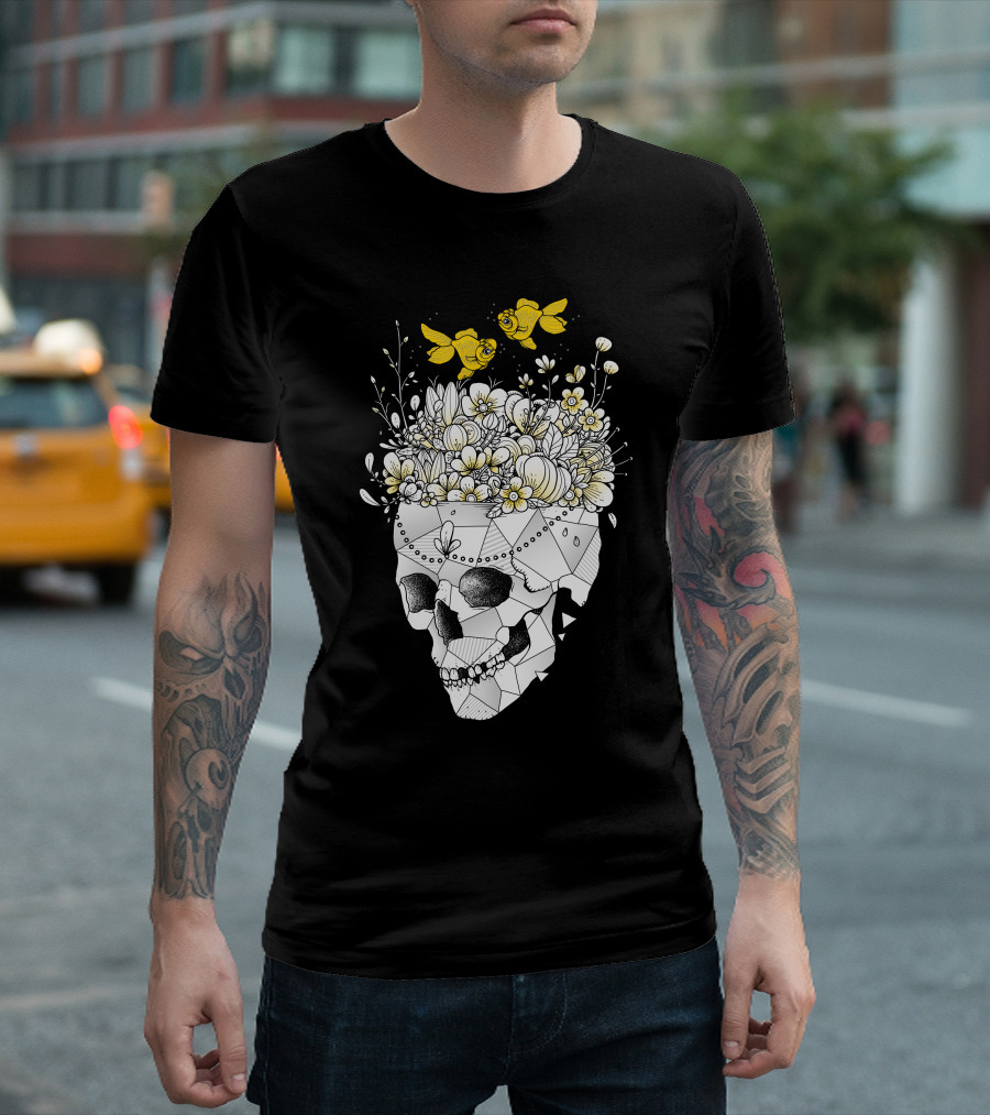 Skull with Floral Crown and Playful Yellow Fish T-Shirt