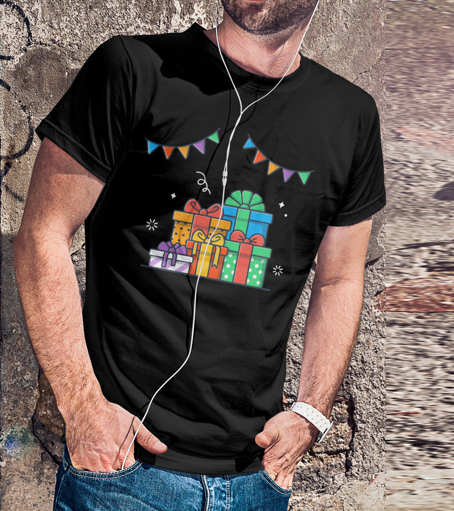 Colorful Gift Boxes Celebration With Bunting Flags T-Shirt