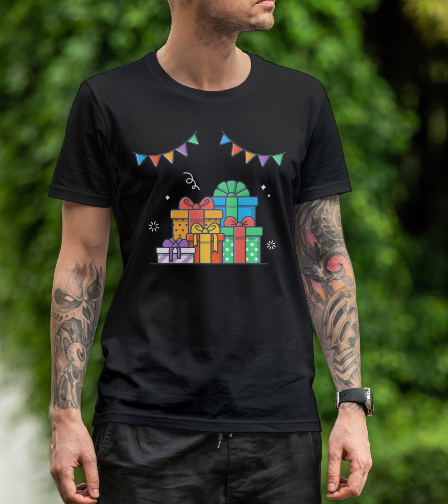 Colorful Gift Boxes Celebration With Bunting Flags T-Shirt