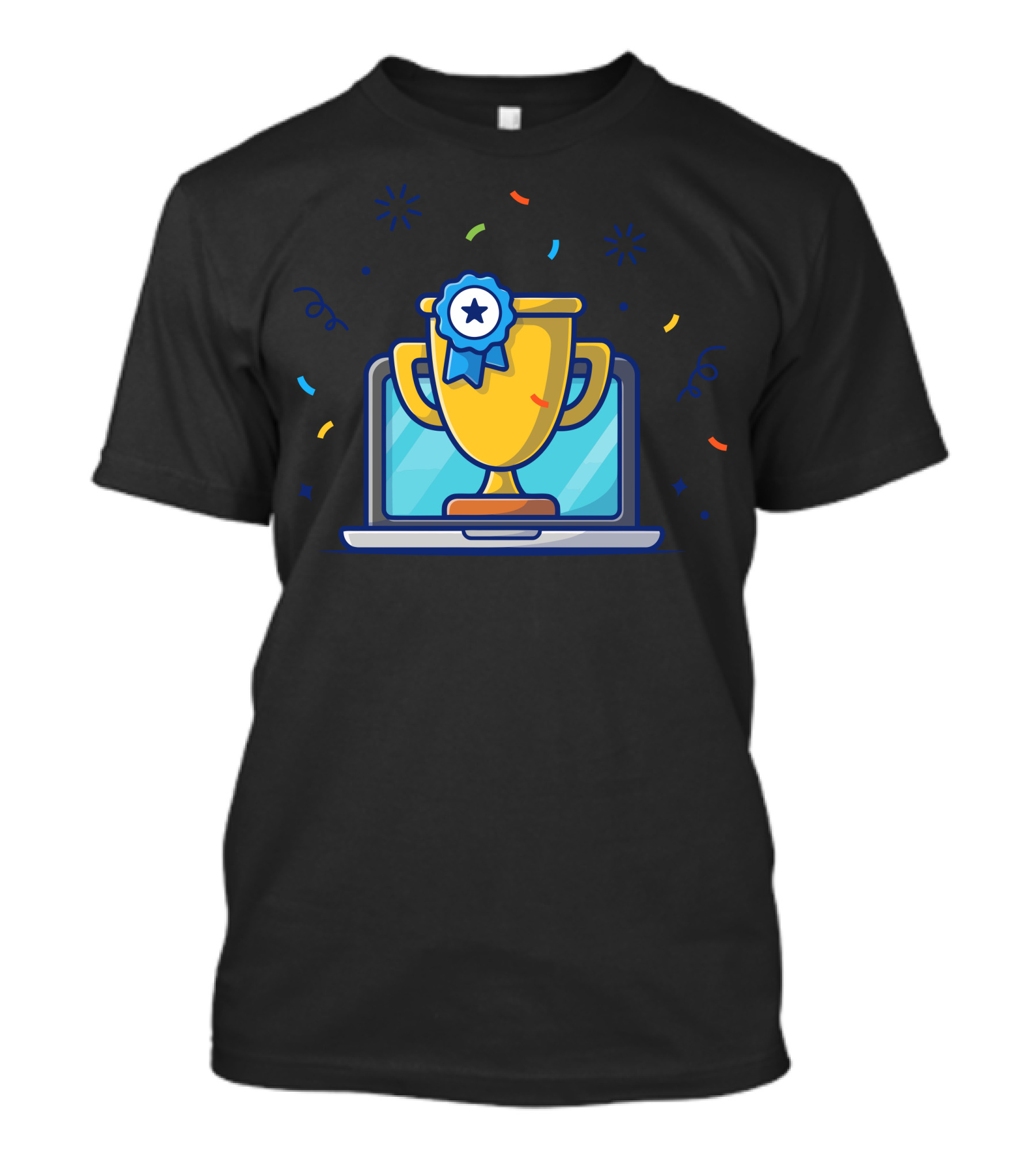 Gold Trophy With Blue Ribbon On Laptop With Confetti And Stars T-Shirt