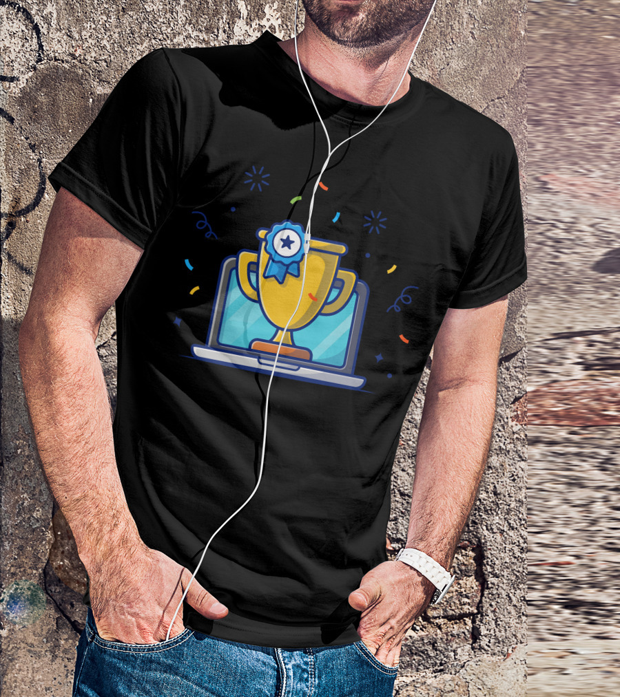 Gold Trophy With Blue Ribbon On Laptop With Confetti And Stars T-Shirt
