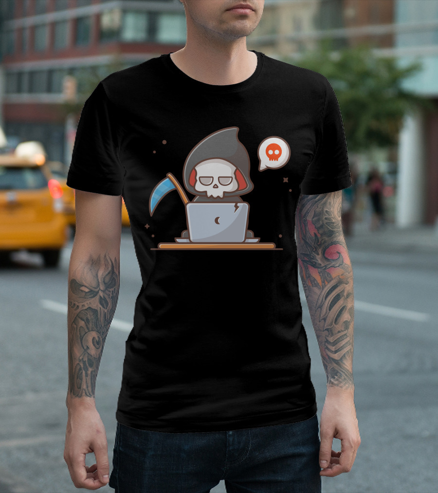 Grim Reaper Laptop Cartoon with Scythe and Skull Emoji T-Shirt