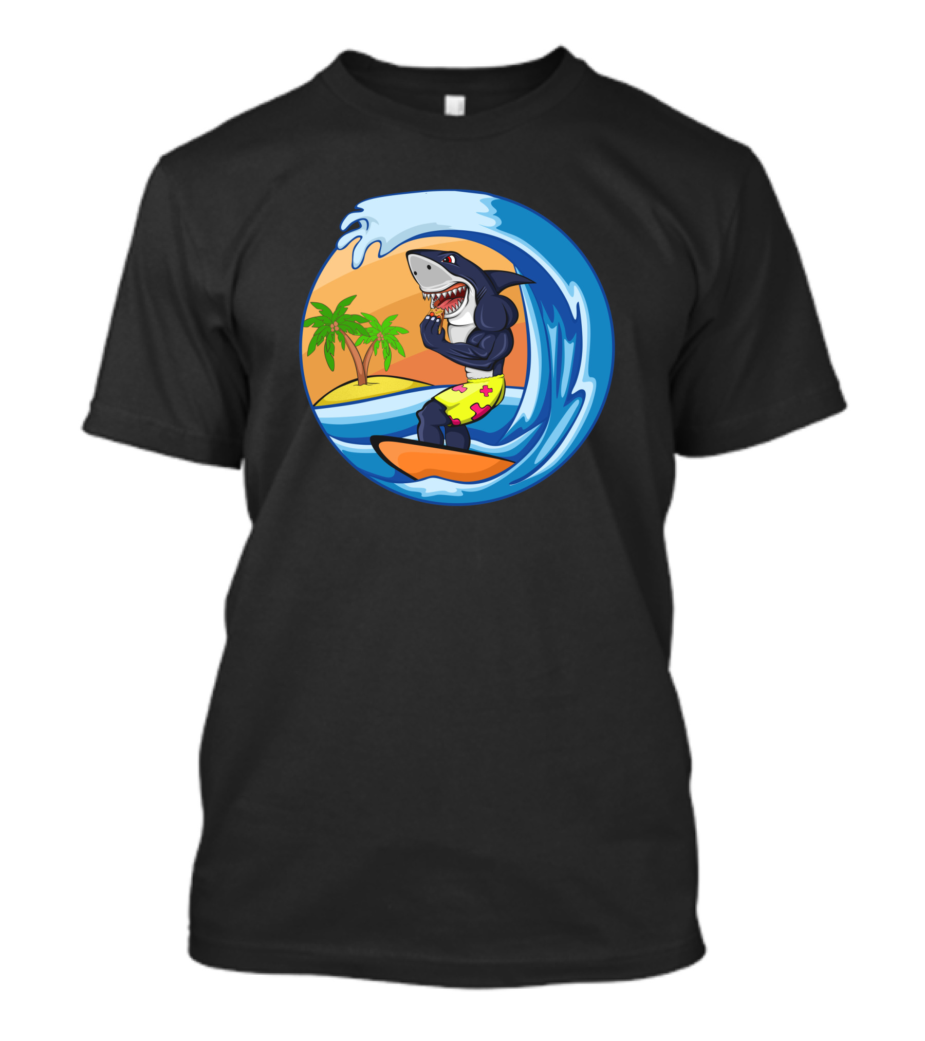 Hiu Surfing Shark Riding Wave Tropical Palm Island T-Shirt