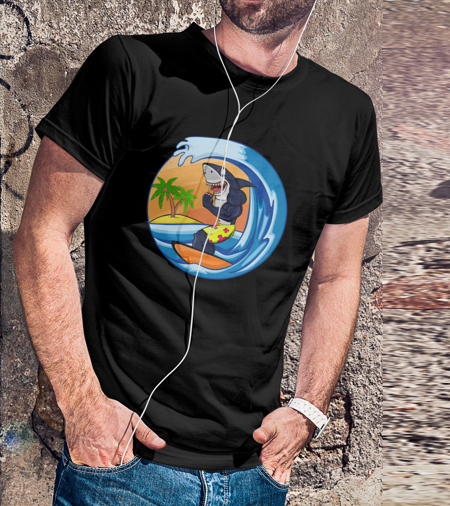 Hiu Surfing Shark Riding Wave Tropical Palm Island T-Shirt