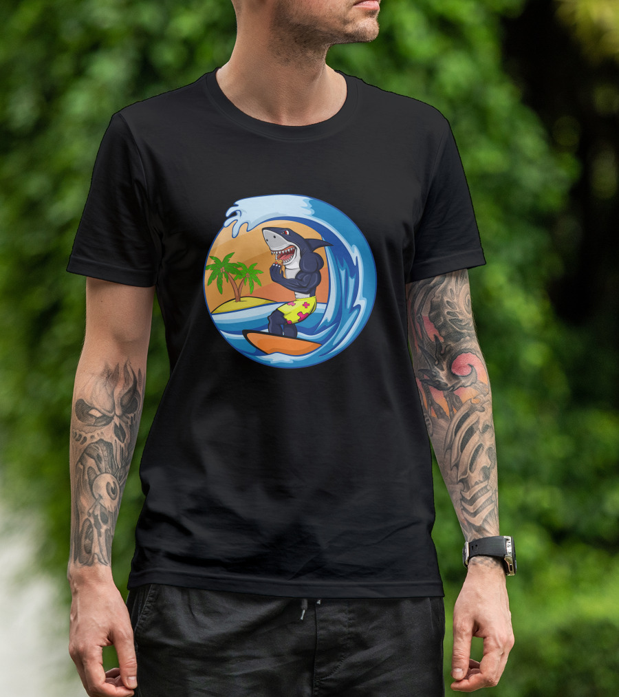 Hiu Surfing Shark Riding Wave Tropical Palm Island T-Shirt