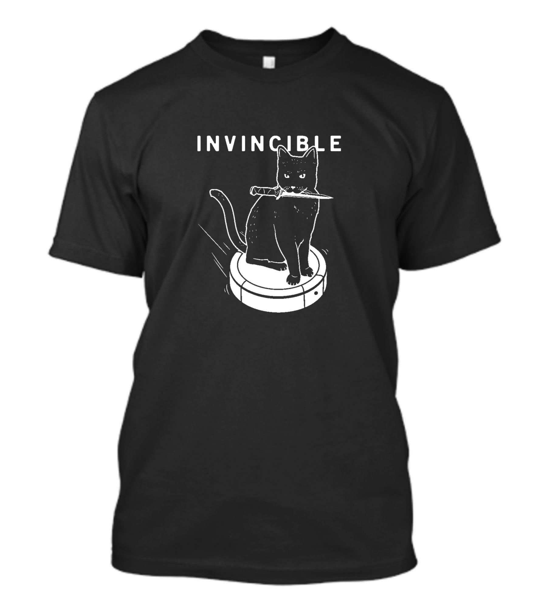 Invincible Cat Balancing On Roomba With Knife In Mouth T-Shirt