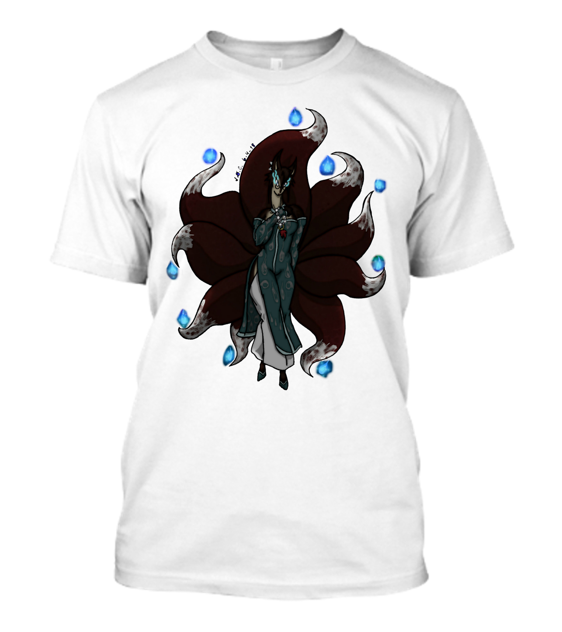 Kitsune Ren Spirit Nine Tails Flame Blue Orbs T-Shirt