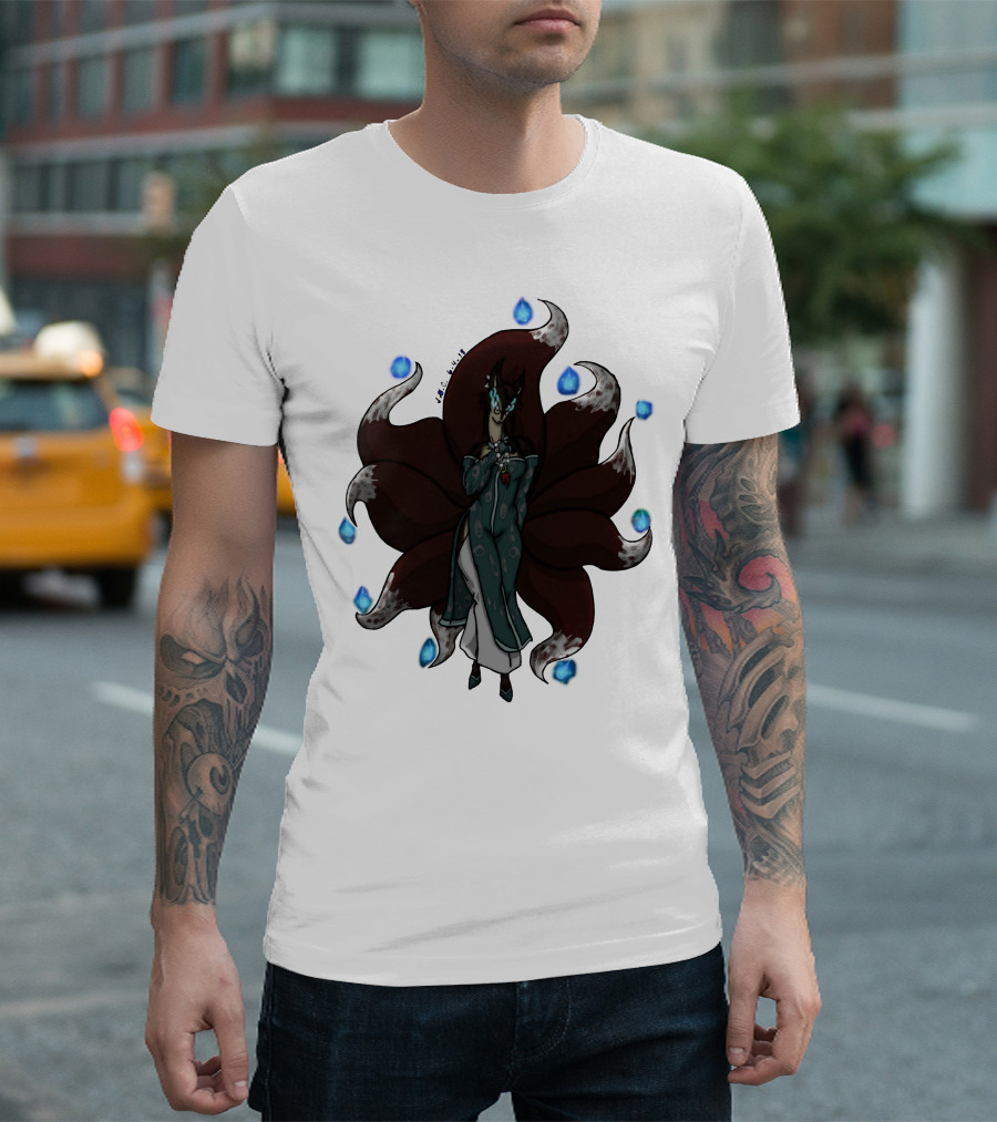 Kitsune Ren Spirit Nine Tails Flame Blue Orbs T-Shirt