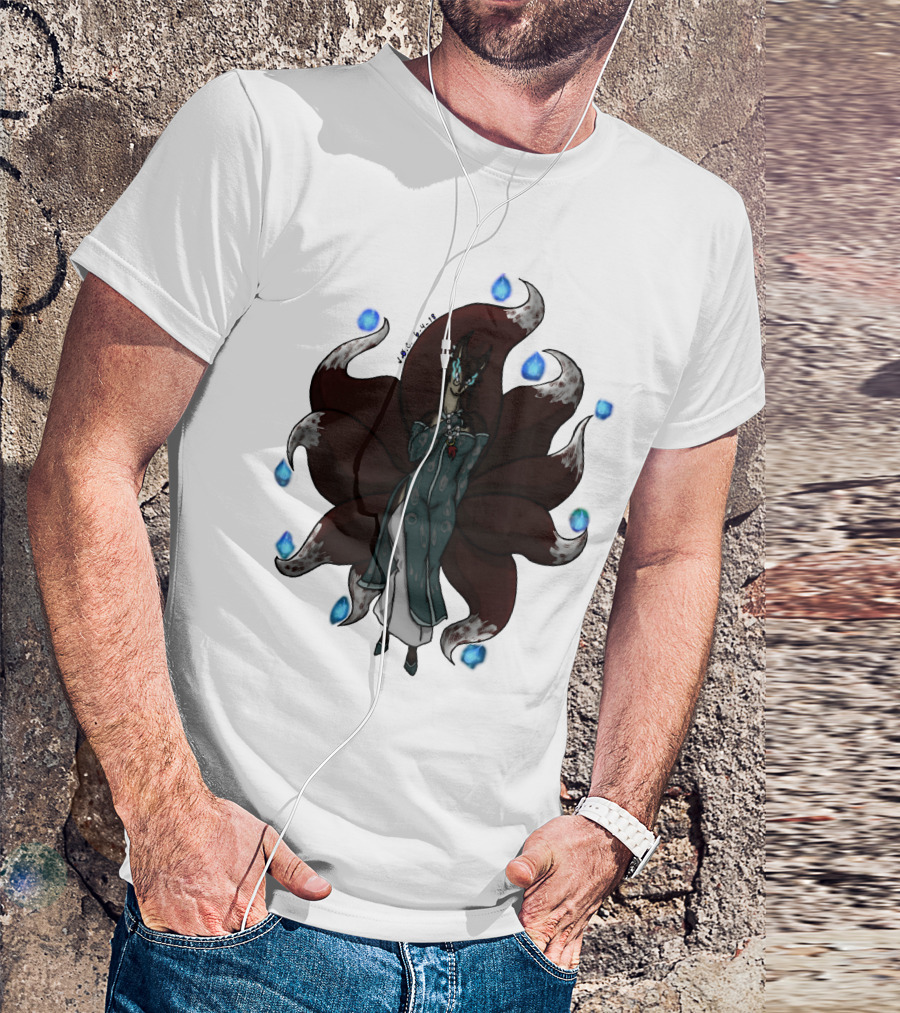 Kitsune Ren Spirit Nine Tails Flame Blue Orbs T-Shirt