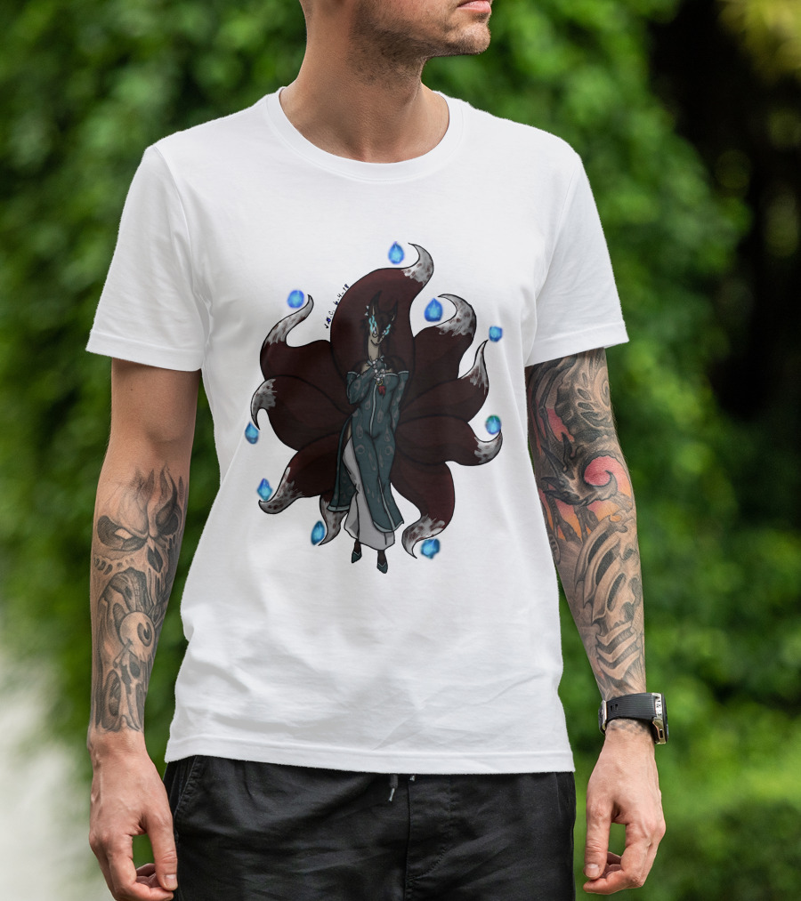 Kitsune Ren Spirit Nine Tails Flame Blue Orbs T-Shirt