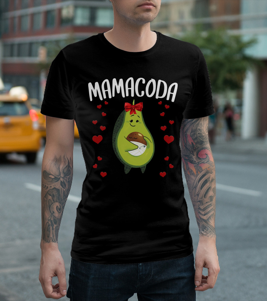 Mamacado Avocado Mom with Red Bow and Baby Surrounded by Hearts T-Shirt