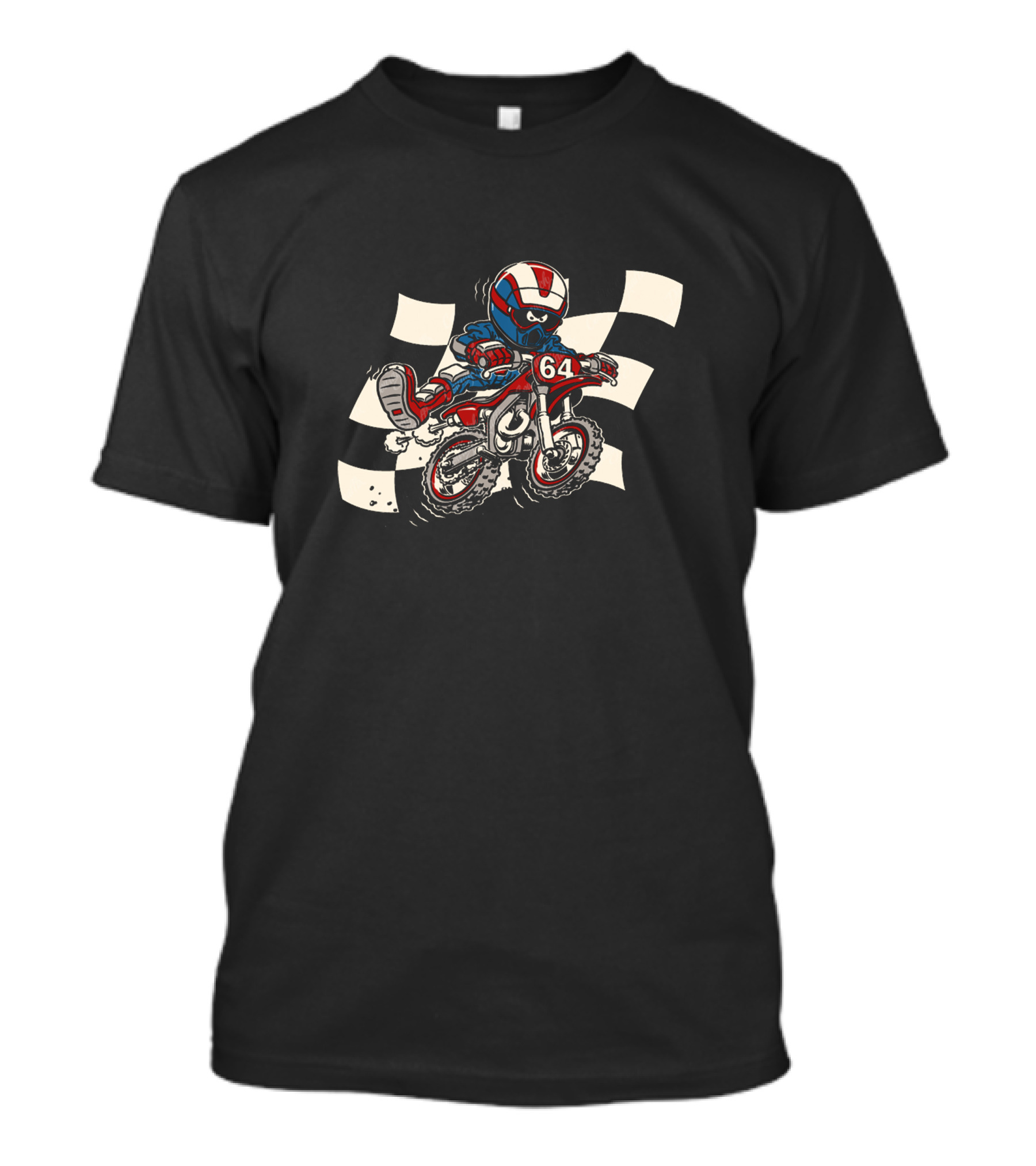 Moto Crosser Dirt Bike 64 Racing Cartoon Checkered Flag T-Shirt