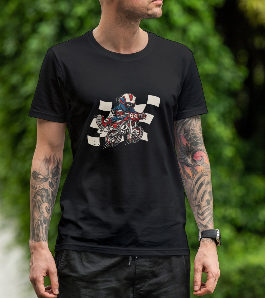 Moto Crosser Dirt Bike 64 Racing Cartoon Checkered Flag T-Shirt