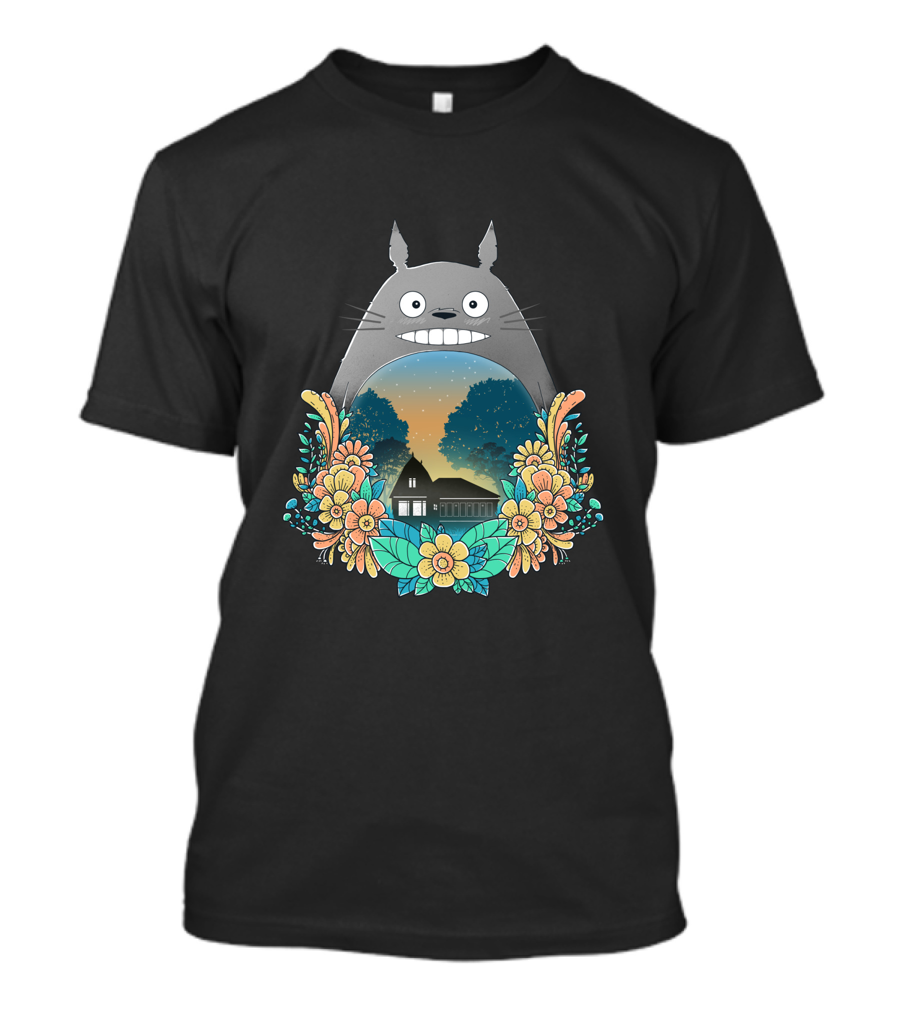 My Haunted House Totoro Floral Night Scene T-Shirt