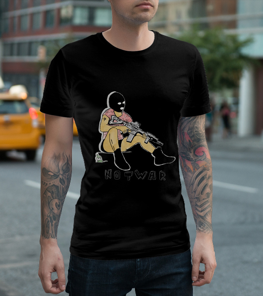 Sitting Figure With Gun And Mask Illustration Not War T-Shirt