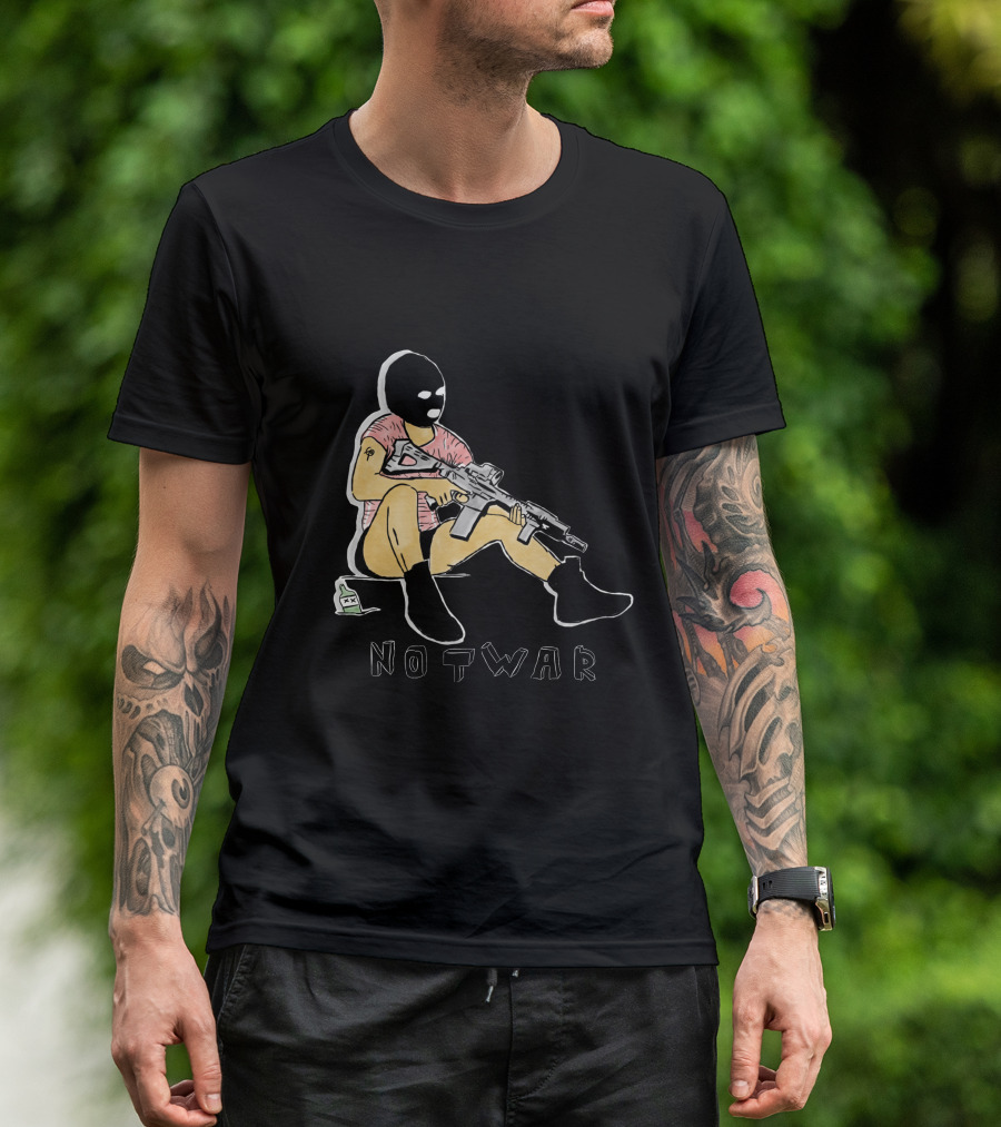 Sitting Figure With Gun And Mask Illustration Not War T-Shirt