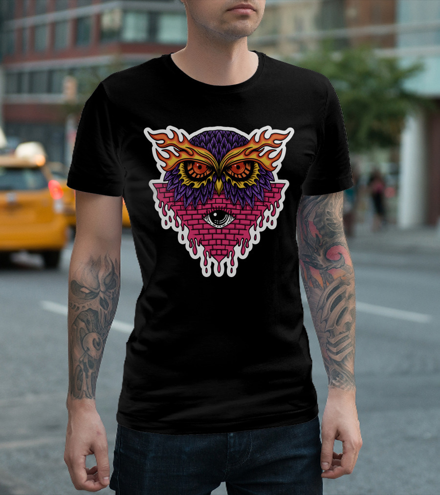 Owl Eyes Flaming Feathers Cosmic Brick Pyramid T-Shirt