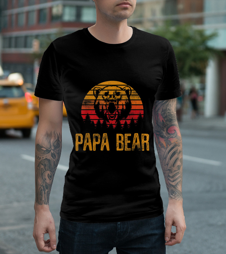 Papa Bear Vintage Sunset Forest Roaring Bear T-Shirt