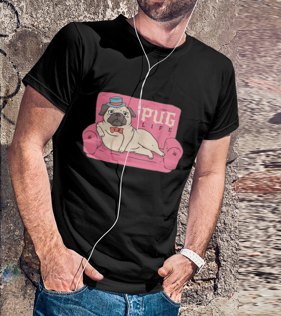 Pug Life Pets Lying On Pink Couch With Blue Top Hat And Red Bow Tie T-Shirt