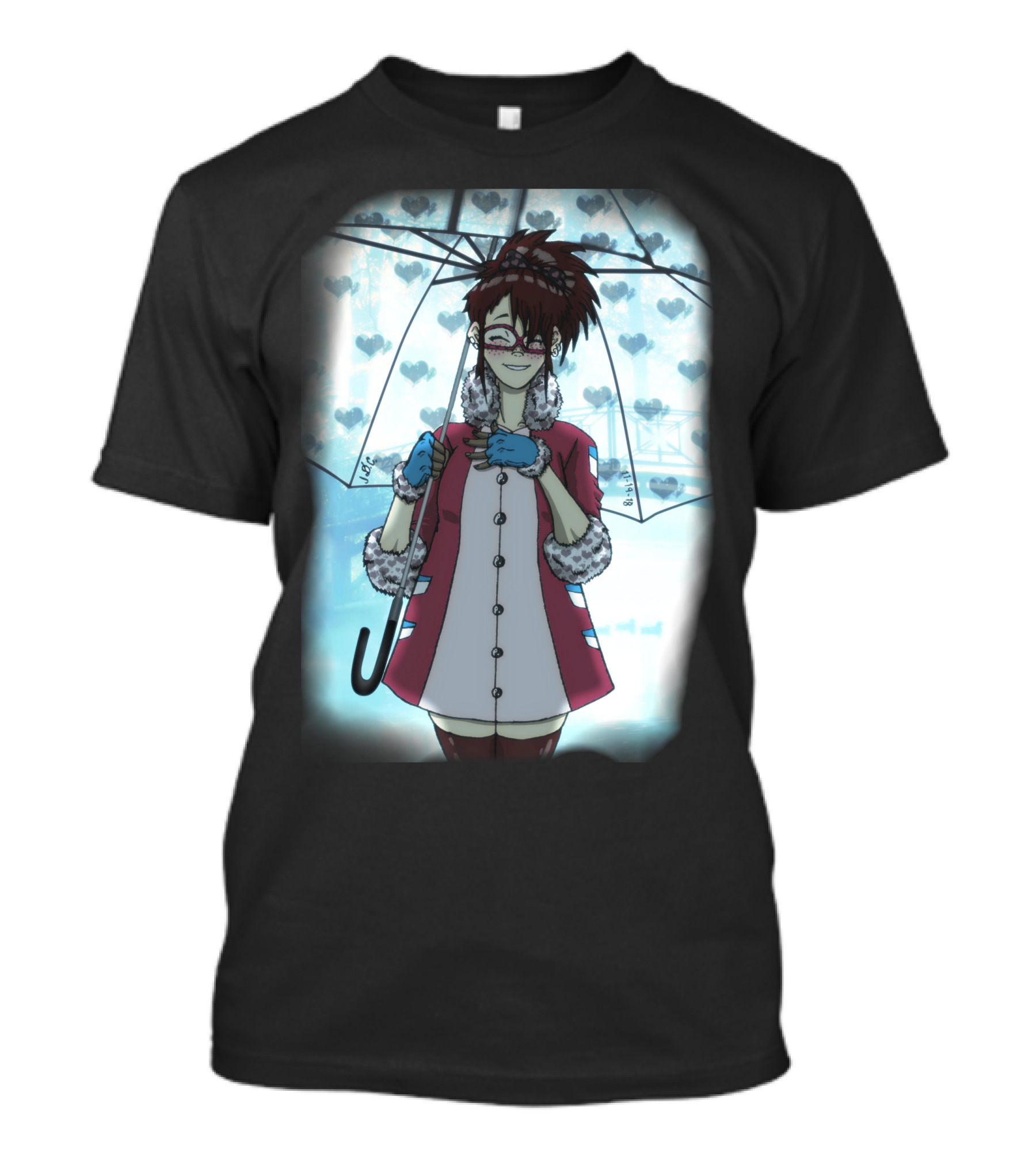 Misty Blue Hearts Raincoat Girl With Umbrella T-Shirt