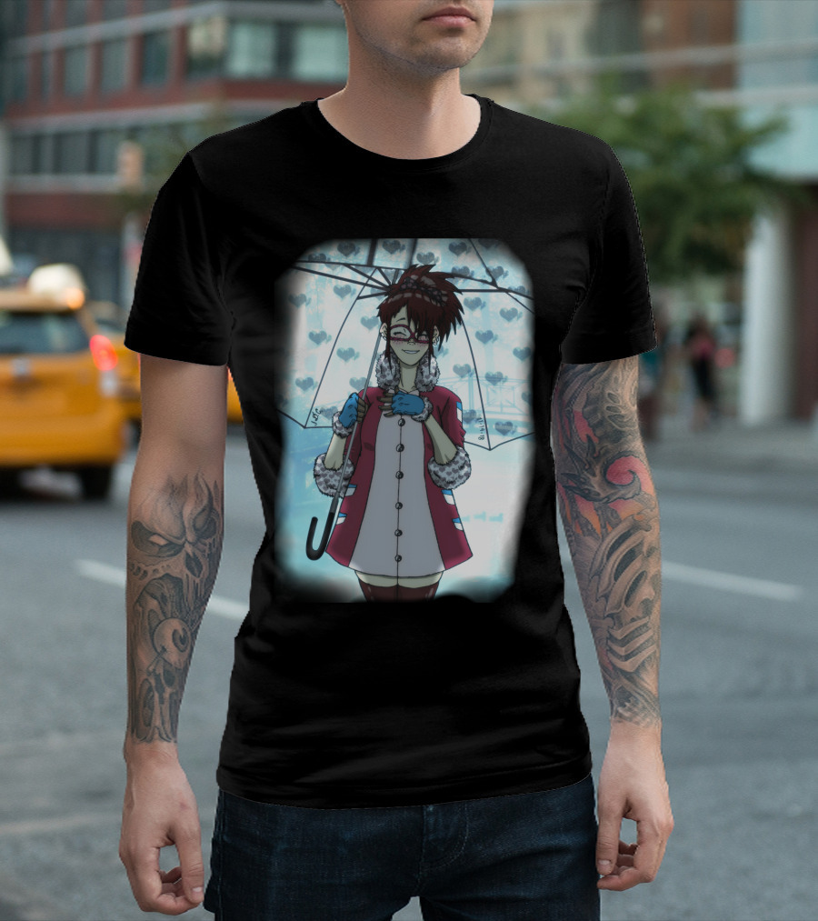 Misty Blue Hearts Raincoat Girl With Umbrella T-Shirt