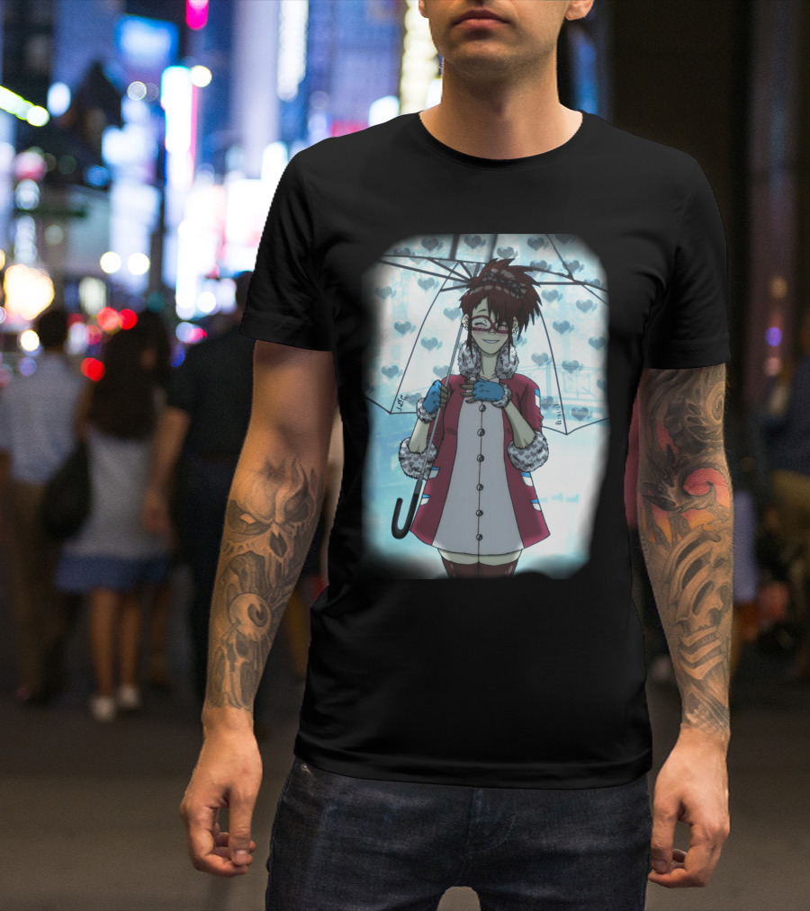 Misty Blue Hearts Raincoat Girl With Umbrella T-Shirt