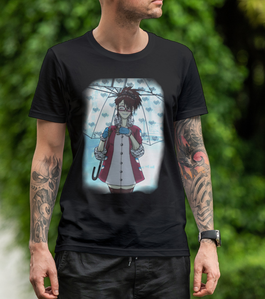 Misty Blue Hearts Raincoat Girl With Umbrella T-Shirt