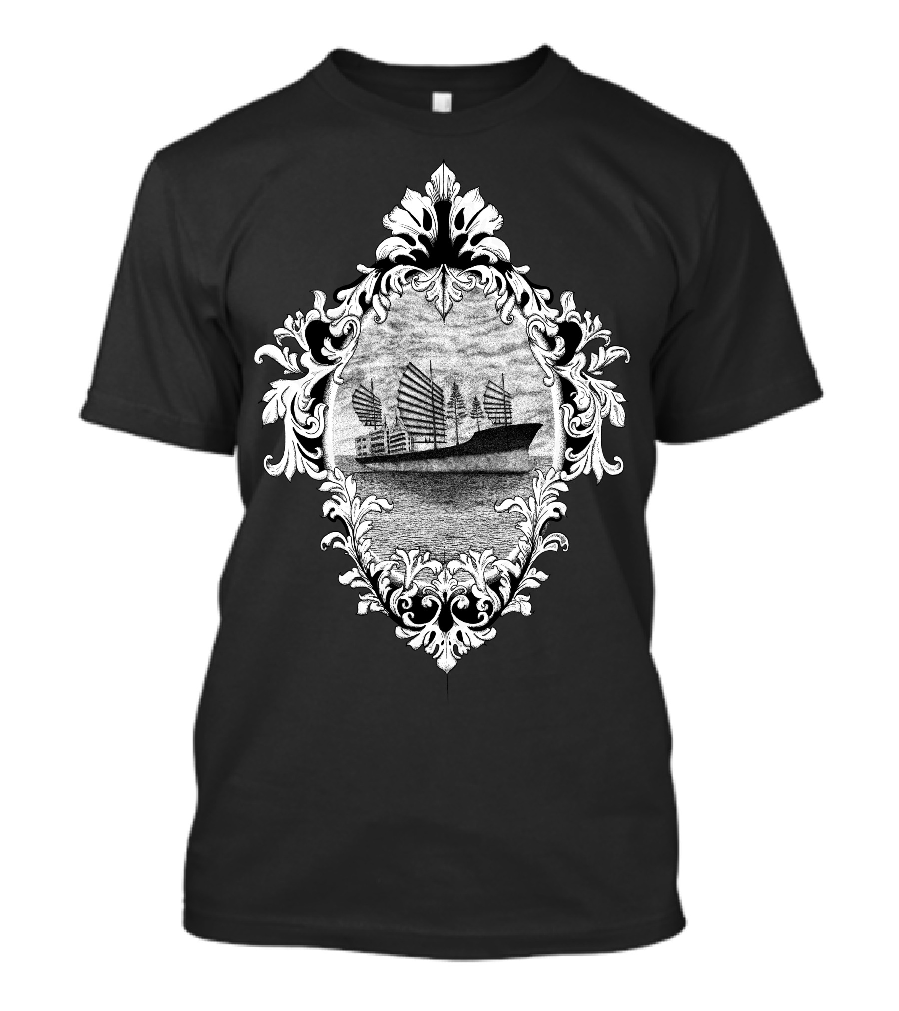 Surrealist Boat Sailing With Ornate Frame T-Shirt