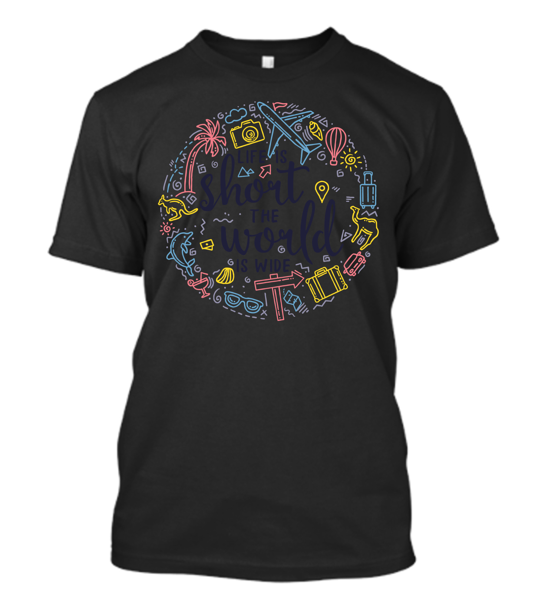 Vacation Short World Adventure Travel Icons Balloon Camera Luggage T-Shirt