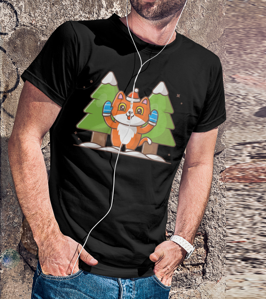 Cat Enjoying Snowy Winter Fun With Trees And Mittens T-Shirt