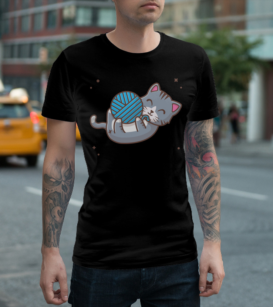 Cat Cuddling Blue Wool Ball with Stars T-Shirt