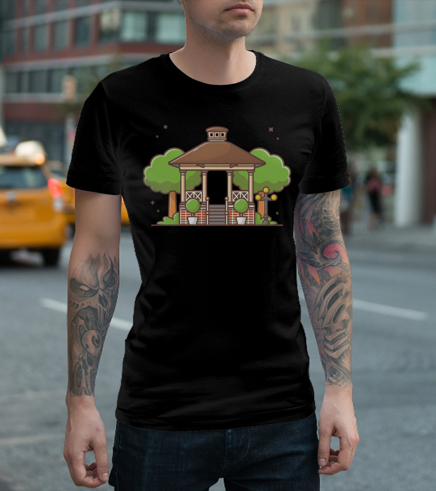 City Park Gazebo with Trees and Lamp Post T-Shirt