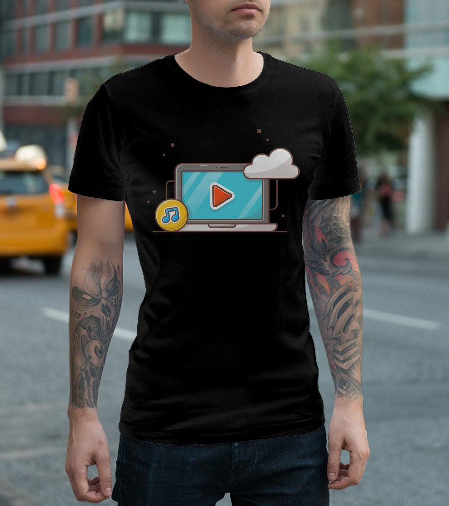 Cloud Music Note Streaming Play Button On Laptop T-Shirt