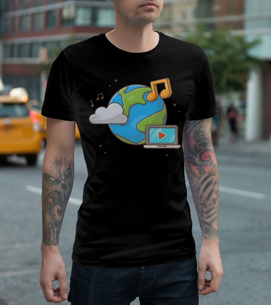 Globe Cloud Music Streaming with Note and Laptop T-Shirt