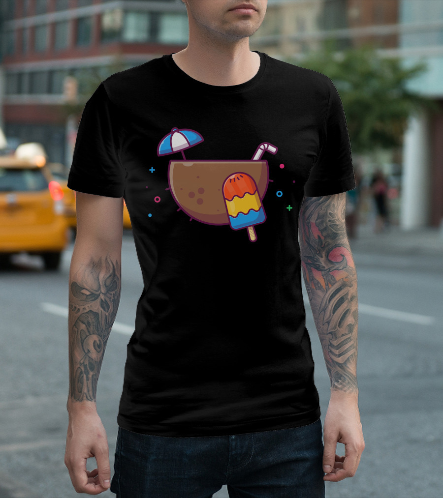 Coconut With Umbrella And Colorful Ice Cream Popsicle T-Shirt