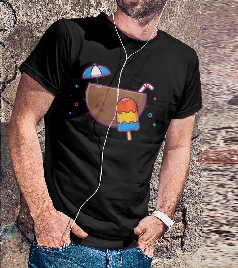 Coconut With Umbrella And Colorful Ice Cream Popsicle T-Shirt